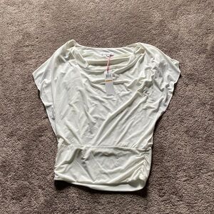 Kelly & Diane White Draped Blouse Short Sleeve Stretch Career Top SIZE S NWT